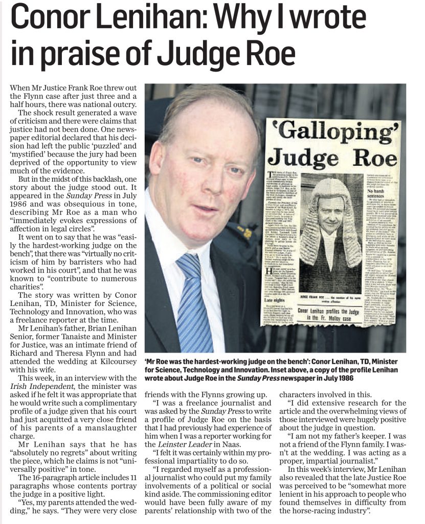 Conor Lenihan on his article heaping praise on Justice Frank Roe